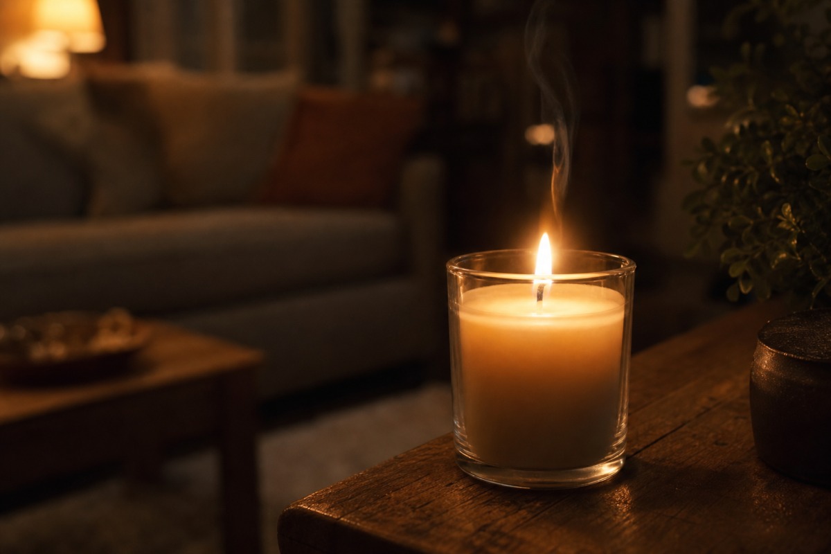 Een brandende kaars in een glazen pot op een tafeltje in de woonkamer met een dun straaltje rook uit de lont