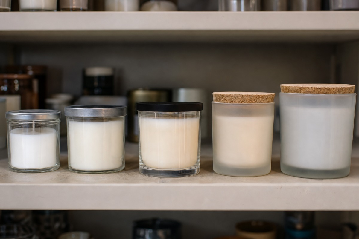 Een rij van vijf verschillende glazen kaarsen in potjes naast elkaar op een winkelschap