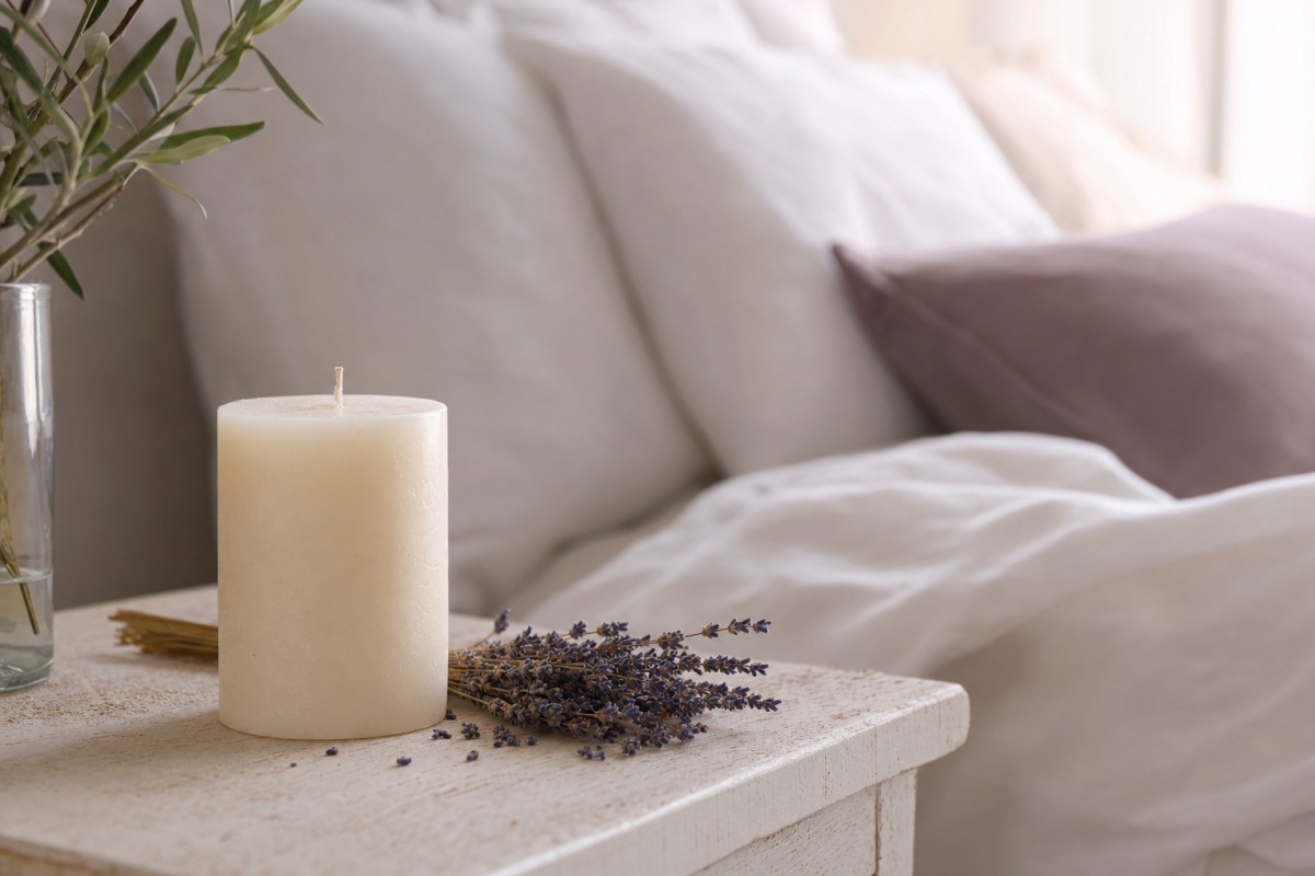 Een zachte bloemige kaars met lavendel op een nachtkastje in de slaapkamer