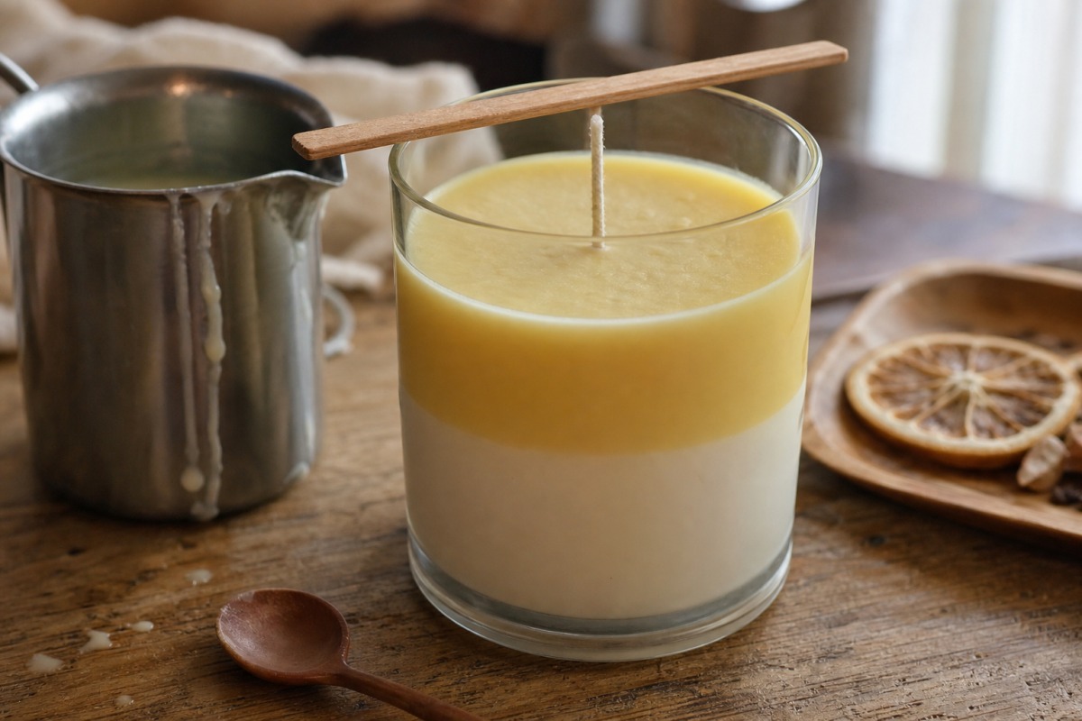 Zelfgemaakte tweelaagse sojakaars in een borosilicaatglas met een lont vastgezet op een houten stokje, met gedroogde schijfjes citroen ernaast