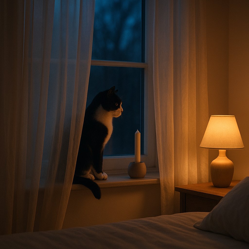 Kat slapend op een wollen deken bij het raam in de woonkamer met zacht ochtendlicht, kaars op de achtergrond op een hoge plank op veilige afstand