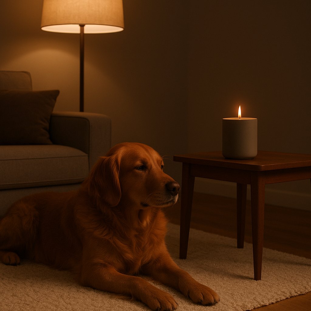 Hond bij een geurloze NOBAMO-kaars op een hoge standaard, rustige avondscène met gedimd licht