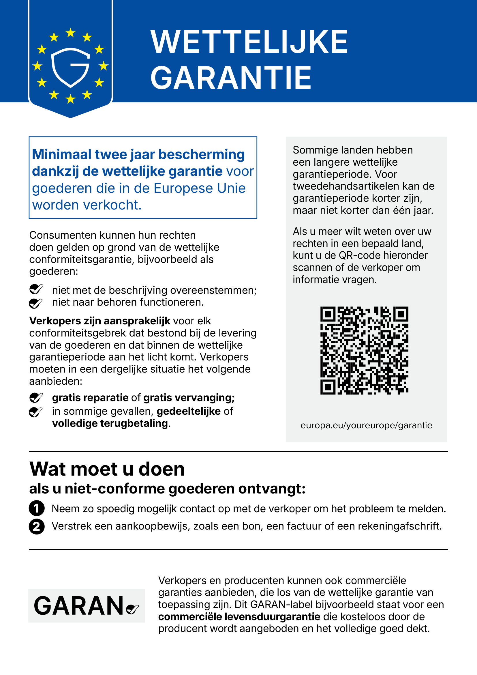 Kennisgeving van de wettelijke tweejarige garantie op conformiteit in de EU